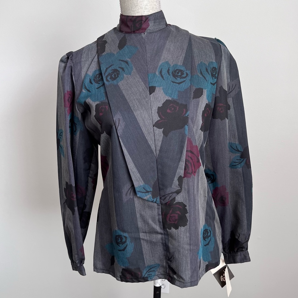 Vintage 70s 80s Brio Puff Sleeve Blouse Long Sleeve High Neck Floral Top Size 10